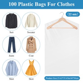 Akamino 100 Pack Clear Plastic Clothing Bags,60x90 cm Dustproof Garment Protector Covers,Waterproof Dress Bag Hanging Dry Cleaning Bags for Home Travel Men Women Shirt Jacket Suit Sweater