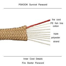 PSKOOK 550 Paracord Lanyard Parachute Cord with Flaxed Tinder Cord PE Fishing Line Cotton Thread - Mil-Spec Type III Paracord (Khaki)