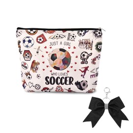Soccer Makeup Pouch for Girls Women Black Glitter Cheer Bow Keychain for Backpack Just A Girl Who Loves Soccer Travel Makeup Bag Besties Christmas Birthday Gifts for Soccers Lover Cosmetic Bag