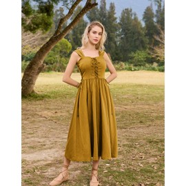 Women Summer Spaghetti Strap Sleeveless A Line Swing Dress with Pockets Turmeric S