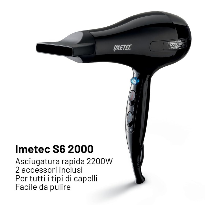 Imetec S6 2200 Asciugacapelli 2200W con Diffusore e Concentratore, Phon