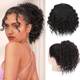 MS TAJ Pferdeschwanz-Verlängerung,Curly drawstring Ponytail Extension, 20cm Dark Brown Natural Soft Curly Haarverlängerung Ponytail Synthetic Haarteil für Frauen