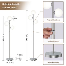 67" Mid Century Floor Lamps for Living Room, 3 Globe Floor Lamp with Frosted Glass Shades, Adjustable Height Standing Lamp with Foot Switch, Tall Lamps for Bedroom Office, G9 Bulbs Included, Silver