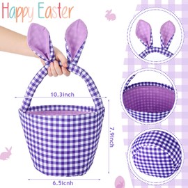 DoubleFill 3 Pcs Easter Bunny Basket for Boys Girls Egg Hunt Basket Bags with Rabbit Ears Plaid Candy Egg Basket Gift Buckets Easter Gifts Storage, 2025 New, Safety and No Odor(Yellow Purple Pink)