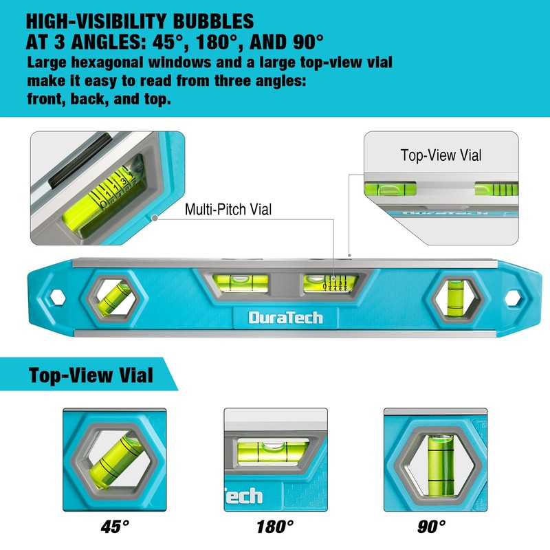 DURATECH 12-Inch Magnetic Torpedo Level with 0°/45°/90° Bubbles & V-Groove