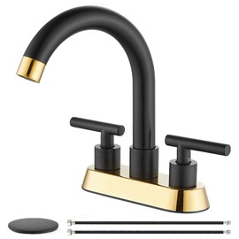 Cinwiny 4 Inch Centerset Bathroom Sink Faucet Black and Polished Gold Bathroom Faucet Deck Mount Stainless Steel Dual Handles Swivel Spout Lavatory Mixer Tap with Pop-up Drain Vanity Bathroom Faucets
