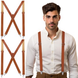 Yearntown 2 Pcs Mens Suspenders Brown Leather Suspenders Adjustable X Back Strap with Strong 4 Metal Clips for Jeans Wedding Groomsmen