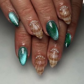 Almond Press on Nails Short Length MABKJLF 3D Fake Nails False Nails with Shell Glitter Pearls Designs Light Green Glossy Glue on Nails Summer Stick on Nails for Women Girls 24Pcs