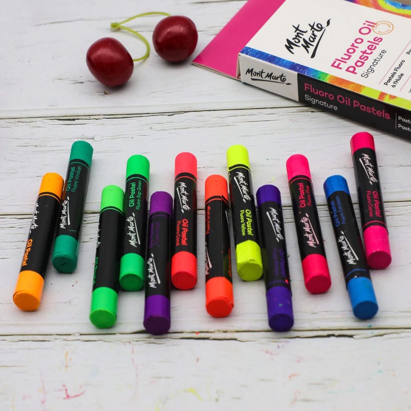 Mont Marte Fluoro Oil Pastels Signature 12pc, 12 Assorted Colours,