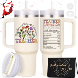 LiqCool Teacher Christmas Gifts for Women, 40 Oz Flower Grass Printing Tumblers, Best Teacher Appreciation Gifts for Female, Cute Daycare Teacher Gifts for Birthday(Cream)