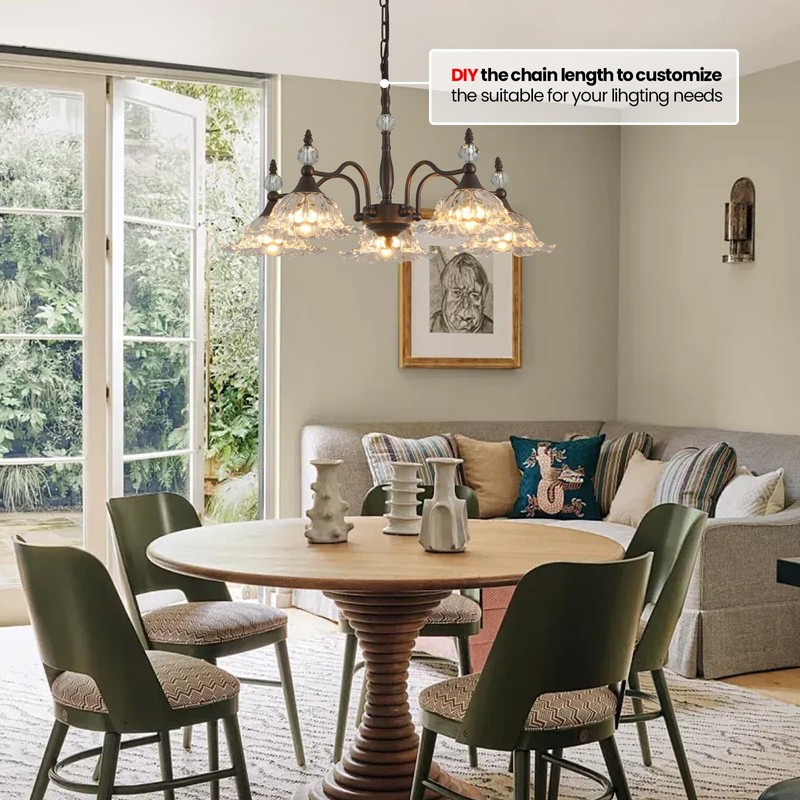 Sicddde Dining Chandelier Over Table 5 Light Brown Vintage Glass