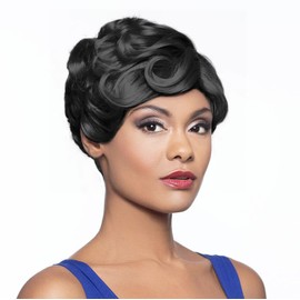 Foxy Silver Sharon Wig Color 1 Black - Short Wavy J-Part Lace Classy Side Swept Bangs Heat Resistant Synthetic African American Average Cap Bundle Maxwigs Hairloss Booklet