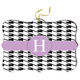 Fancy Christmas Ornament with String -Rearview Mirror Hanging Accessory, Car Accessories Letter H Monogram - Houndstooth Dogtooth Easter Purple on Black Design - Christmas Ornament