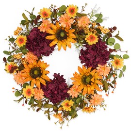 Autumn Wreaths for Front Door, 24 Inch Sunflower Harvest Wreath, Pumpkins and Hydrangeas, for Fall Thanksgiving Farmhouse Indoor Outdoor
