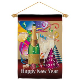 Happy New Year Garden Flag Set Wood Dowel Clock Countdown Champagne Party Fireworks Celebrate Small Decorative Gift Yard House Banner Made In USA 13 X 18.5