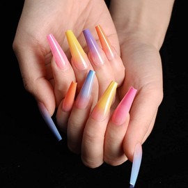 IMSOHOT 24Pcs Coffin Press on Nails Long Rainbow French Fake Nails with Designs Ballerina Gradient Glossy Stick on Nails Acrylic Nails for Women and Girls