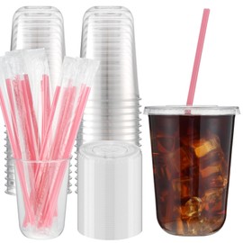 50 Set Clear Plastic Cups with Lids and Heart Shaped Pink Straws 16oz Plastic Cups with Lids and Straws for Party Disposable Iced Coffee Cups for Cold Beverage Juice Smoothie