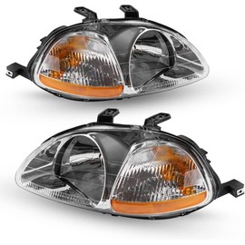 PHILTOP Headlight Assembly Replacement for Civic 1996-1998, Amber Headlamp Reflctor Clear Lens Chrome Housing