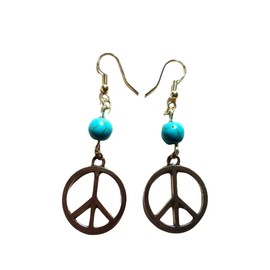 Peace Sign Earrings with Turquoise Howlite and 925 Sterling Silver Hooks Crystal Gift