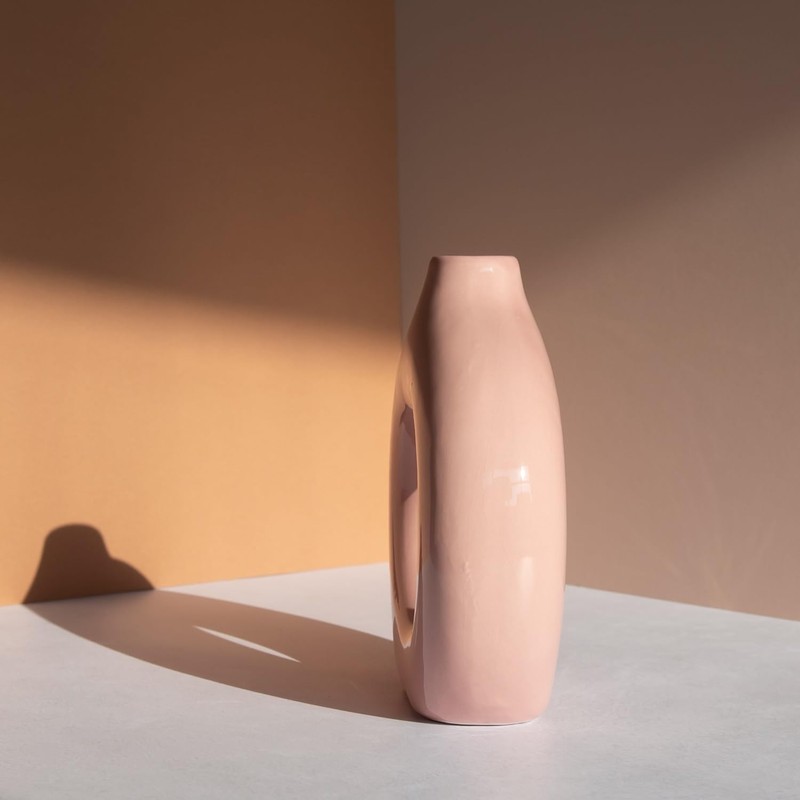 18cm Tall Pink Doughnut Ceramic Vase Flowers Artificial Table Boho