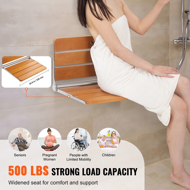 VEVOR Folding Teak Shower Seat, 20.9 x 16'' Unfolded, Wall