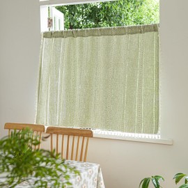 Sutuo Home Green Boho Curtain 52W x 36L inch White Striped Light Filtering Short Valance Tier, 1 Panel Embroidery Bohemian Farmhouse Country Kitchen Window Treatment Decor for Small Closet