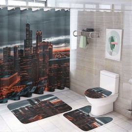 HDESDIS 4Pcs Modern Skyscraper Night Shower Curtain Sets, 4pcs Chicago Skyline View Shower Curtains for Bathroom with Rugs, Toilet Lid Cover, Bath Mat, 72" x 72"