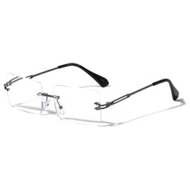 V.W.E. Men Metal Fully Rimless Rectangular Anti-Blue Reading Glasses - 140mm Width UV Protection Clear Lens Reader (Gunmetal, 0.00, diopters)