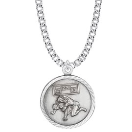 TrueFaithJewelry 15/16 Inch Round Nickel Silver Boy's Wrestling Medal St Christopher Protect Me Pendant Necklace, Sports Religious Jewelry Gift, Antique Finish, 20 Inch Chain