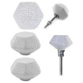 ETHNICITI Pack of 2 Hexagonal White Crackle 40mm Ceramic Door Knobs Vintage Shabby Chic, Wardrobe Cabinet Cupboard Drawer Interior Furniture Pulls Handles Bedroom Dresser Lounge Kitchen