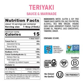 Fody Foods No Soy Teriyaki Sauce & Marinade, 8.5 Oz, Garlic and Onion Free, Low FODMAP Certified, Gut & IBS Friendly, Vegan, Non-GMO, Gluten Free, Keto Friendly
