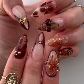 Medium Press on Nails Almond Fake Nails Brown False Nails French Artificial Nails with Cherry Designs Acrylic Nails Press ons Summer and Fall Nails 3D Floral Stick on Nails for Women 24pcs