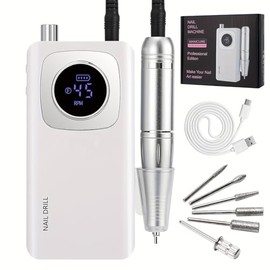 45000 rpmnail Drill, Electric Portable Nail File, Rechargeable Nail Polisher for Gel Nail polishing in Home Nail Salons (V4-White)