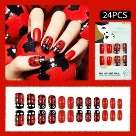 Red Press on Nails Medium Square Fake Nails with Black Polka Dot Ladybug Designs False Nails Full Cover Acrylic Nails Reusable Stick on Nails Glue on Nails for Women Girls 24Pcs