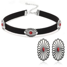 QLYOVWE Boho Cowgirl Necklace Earrings Set for Women Western Natural Turquoise Geometric Flower Earrings Vintage Leather Necklace Summer Cowgirl Rodeo Country Concert Outfits Jewelry (Red Black)