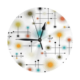 QCHAOR Star Retro Go Mid Century Modern Lines Round Wall Clock Battery Non-Ticking 10 Inch Silent Clock - Retro Style Decorative for Living Room, Kitchen, Home,Bathroom, Bedroom, Laundry Room, White