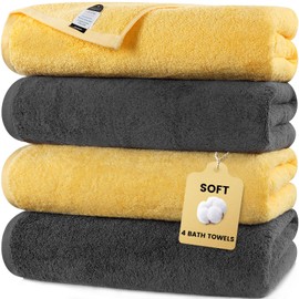 SEMAXE 4-Pack Luxury Bath Towels for Bathroom, 100% Cotton, Soft, Absorbent, and Quick-Drying, 55"x27", Yellow & Grey, Perfect for Hotels, Gyms, and Spas