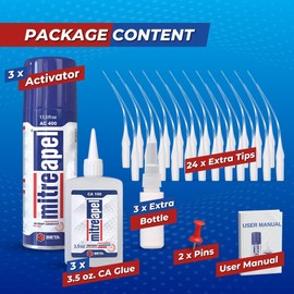 MITREAPEL Super CA Glue (3 x 3.5 oz) with Spray Adhesive Activator (3 x 13.5 fl oz), Cyanoacrylate Super Glue for Plastic, Glass, Ceramic, DIY, 3D Printing with Microtips - 3 Pack