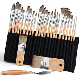 Acrylic Paint Brush Set - 26 Pieces Premium Synthetic Artist Brush Set with Organiser Bag and Spatula for Acrylic, Watercolour, Oil, Gouache, Stone Painting, No Hair Loss, Acrylic Brush, Oil Brush