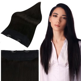 Full Shine Wire Hair Extensions Human Hair 20 Inch Color 1B Off Black Hairpiece Removable Magic Paste Clip ins One Piece Hair Extensions for Women 80 Grams with Transparent Fish Line