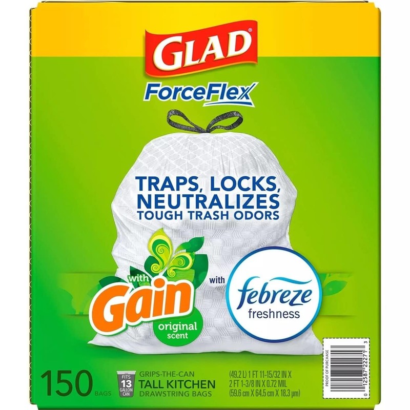 GLAD ForceFlex Tall Kitchen Drawstring White Trash Bags, Gain Original