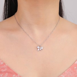 kkjoy Cute Little Tiny Bow Necklace Stainless Steel Silver-Plated Band Bow Tie Pendant Necklace Butterfly Bowknot Jewellery for Women Charming Ladies, Stainless Steel, No Gemstone