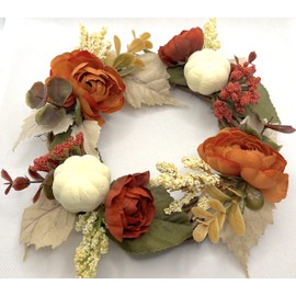 Fall & Thanksgiving Table Decor, Kitchen Wreath and Candle Holder with White Pumpkins, Burnt Orange Florals and Eucalyptus Bunches