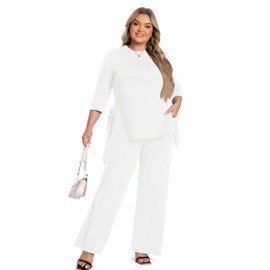 Huasemy Plus Size 2 Piece Outfits for Women, Casual Tracksuits, Half Sleeve Lounge Sets, Elegant Wide Leg Pant Sets White,3XL