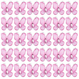 AUEAR, 50 Pack Sheer Mesh Wire Glitter Butterfly with Gem for Home and Wedding Decoration Party Wall Decorations (Pink)