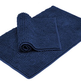 Feivea Bathroom Rugs Sets 2 Piece, Chenille Bath Mat Non Slip, Water Absorbent Low Profile Bathroom Mat, Machine Washable Bath Rug for Bathroom, 32"×20"+24"×16" Navy Blue