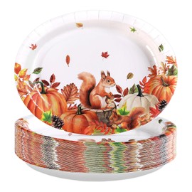 Grencian 50Pcs Fall Squireel Paper Plates 10" x 12" Large Disposable Heavy Duty Autumn Maple Leaves Pumpkin Paper Platters Animal Woodland Dessert Plates for Thanksgiving Stump Acorn Seasonal Dinner