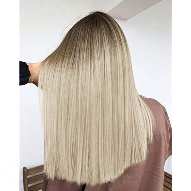 WIGER Ombre Wig Brown to Ash Blonde Medium Length Straight Cut Synthetic Hair Wig Middle Part Cosplay Party Daily Wigs for Women Girls