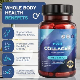 Multi Collagen Supplement for Women & Men - Hydrolyzed Bovine & Marine Collagen Type I, II, III, V, X with Vitamin C, Hyaluronic Acid, Biotin - Made in EU - 120 Capsules