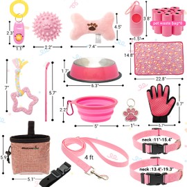 FLYSTAR Puppy Starter Kit for Small Dogs, 26 pcs Dog Supplies, Dog Toys, Collar & Leash, Training Clicker, Treat Bag, Poop Waste Bag with Dispenser, Blanket, Grooming Glove, Bowls, Toothbrush, etc